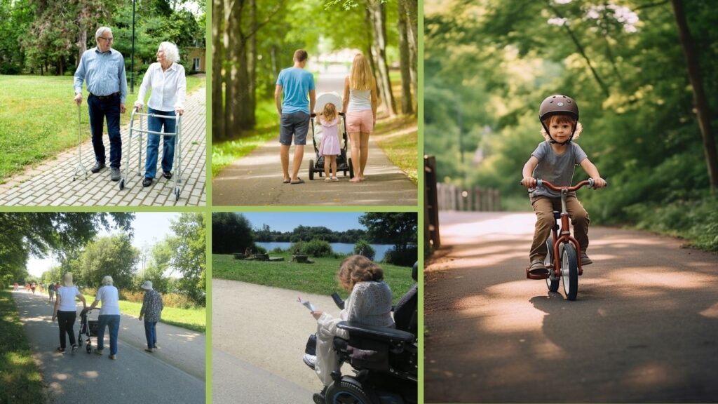 Différents publics pour les Balades à Roulettes : fauteuil roulant, poussette, déambulateur.